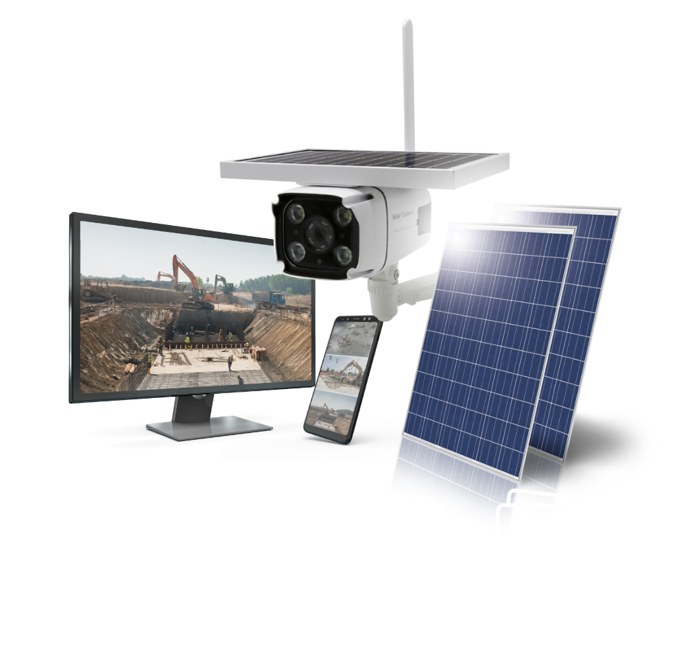 camera inteligente para obra junto a placas solares, desktop e celular
