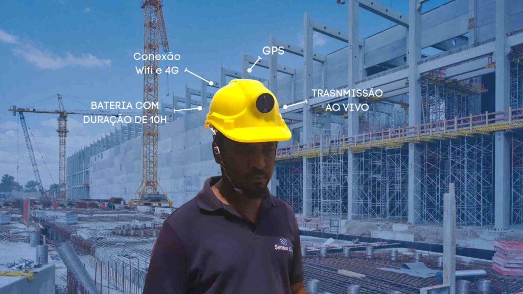 operario usando capacete com camera com sensores inteligentes de monitoramento de obras