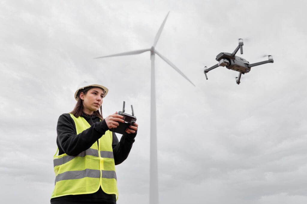 engenheira controlando drone